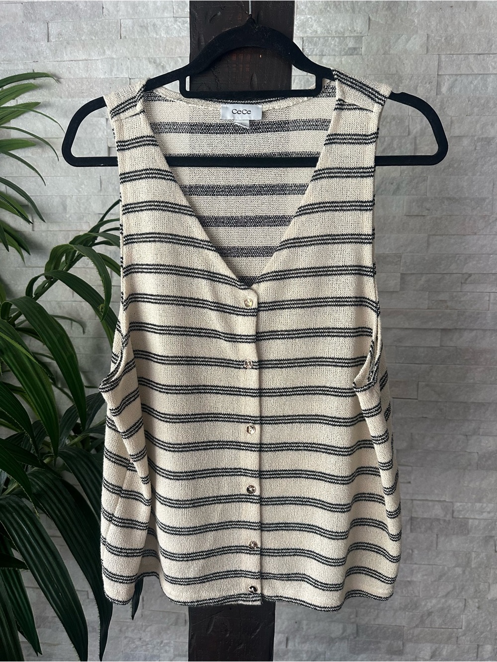 CeCe Cream and Black Striped Button-Front Vest Tank Size L